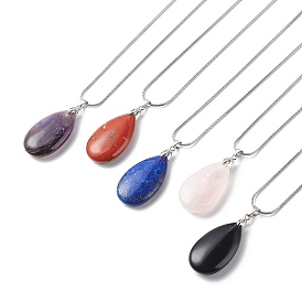 5Pcs 5 Style Natural Mixed Gemstone Teardrop Pendant Necklace Set with 304 Stainless Steel Chains for Women