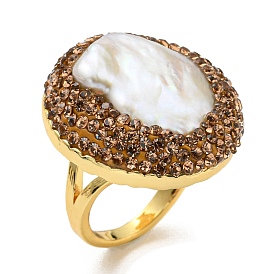 Natural Shell Oval Open Cuff Ring with Rhinestone, Brass Ring for Women