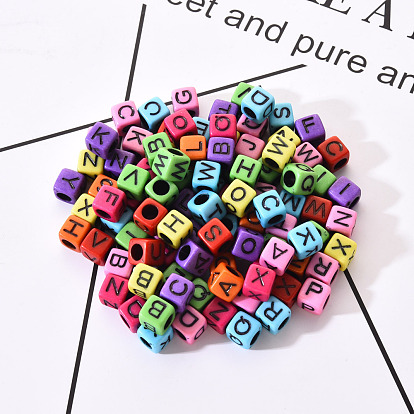 Mixed Color Opaque Acrylic Beads, Cube with Black Mixed Letter