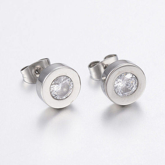 304 Stainless Steel Stud Earrings, with Cubic Zirconia, Flat Round