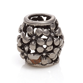 304 Stainless Steel European Beads, Large Hole Beads, Barrel with Flower