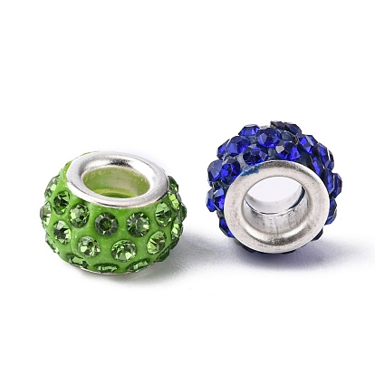 Polymer Clay Rhinestone European Large Hole Beads with Silver Color Plated Brass Cores, Rondelle, 11~12x7~7.5mm, Hole: 5mm