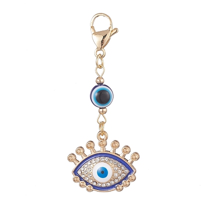 Evil Eye Alloy Enamel with Rhinestone Pendant Decoration, Resin Beads and 304 Stainless Steel Lobster Claw Clasps, Eye/Flower/Flat Round