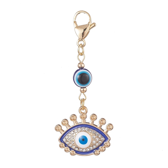 Alliage d'émail mauvais œil avec décoration pendentif en strass, perles de résine et 304 fermoirs mousqueton en acier inoxydable, oeil/fleur/plat rond