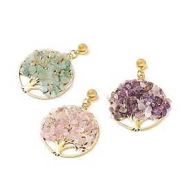 Natural Mixed Gemstone Chips European Dangle Charms, Large Hole Pendant, with Golden Plated Alloy Findings, Flat Round with Tree of Life
