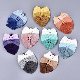 Polycotton(Polyester Cotton) Tassel Big Pendants Decorations, with Golden Plated Iron Jump Rings, Leaf
