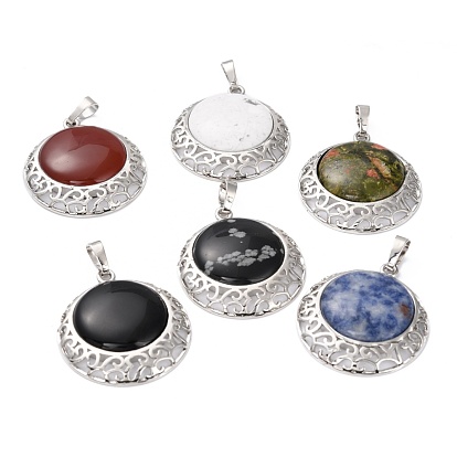 Mixed Gemstone Pendants with Hollow Platinum Brass Findings, Flat Round