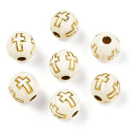 Perles acryliques plaquées, métal doré enlaça, ronde avec la croix