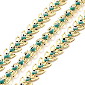 Handmade Brass Leaf Link Chain, with Medium Turquoise Enamel Evil Eye Beaded, Lead Free & Cadmium Free, Unwelded, with Spool