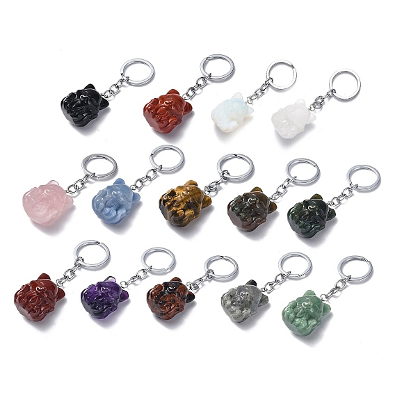 Porte-clés pierres précieuses naturelles/synthétiques, avec des fermoirs porte-clés en fer, fox