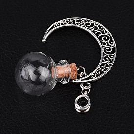 Round with Moon Glass Wishing Bottle European Dangle Charms, with Tibetan Style Alloy Hollow Pendants, Iron Findings and Tibetan Style Alloy Hangers, 55mm, Hole: 5mm