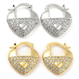 Heart Shape Brass Micro Pave Clear Cubic Zirconia Thick Hoop Earrings, Long-Lasting Plated, Cadmium Free & Lead Free