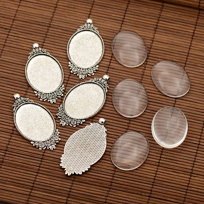 Tibetan Style Alloy Pendant Cabochon Settings, Oval with Flower and Transparent Oval Glass Cabochons, Tray: 40x30mm, 63x32x2mm, Hole: 4mm, Glass Cabochons: 40x30x8mm