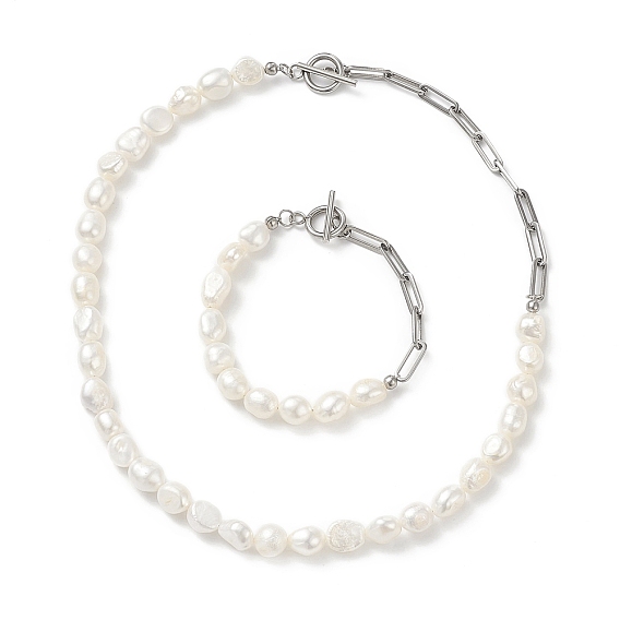 Collar y pulsera de perlas barrocas naturales con 304 cadenas de clips de acero inoxidable, conjuntos de joyas para mujeres