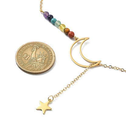 Alloy Moon & Star Lariat Necklace, Natural & Synthetic Mixed Stone Beaded Stainless Steel Necklace