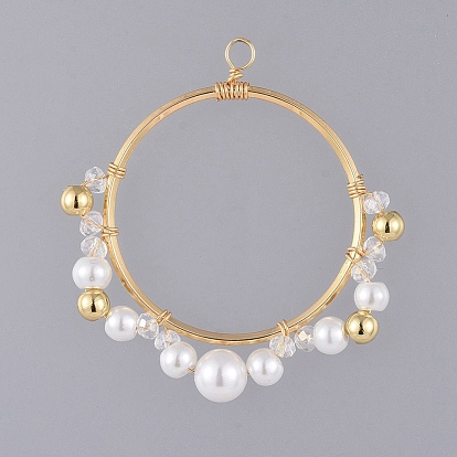 Pendentifs en laiton, avec des perles de verre rondelles, Perles en verre nacré, fil de cuivre, anneaux de liaison en laiton et perles rondes