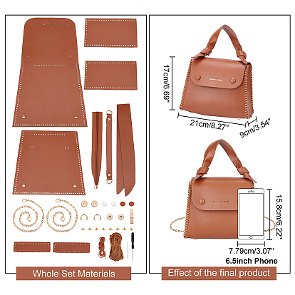 PandaHall Elite 1 Set DIY Crossbody Bag Making Kits, including Imitation Leather Accessories, Iron Chain Strap & Button, Cord and Needle, Screwdriver, Zipper