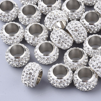 Polymer Clay Rhinestone Beads, with Platinum Tone Brass Single Cores, Large Hole Beads, Rondelle