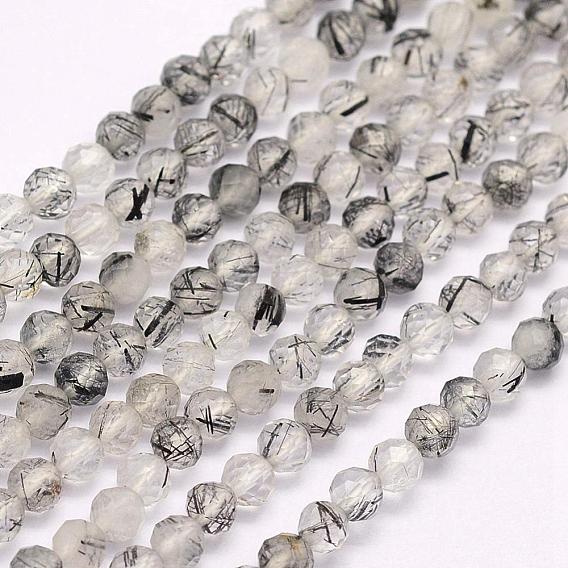 Natural Black Rutilated Quartz Beads Strands, Faceted, Round