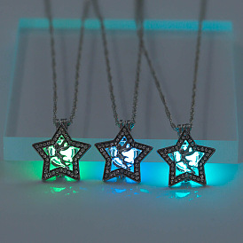 Glow in the Dark Luminous Alloy Cage Pendant Necklaces, Star