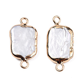 Electroplate Natural Baroque Pearl Keshi Pearl Connector Charms, Cultured Freshwater Pearl, with Iron Findings, Rectangle