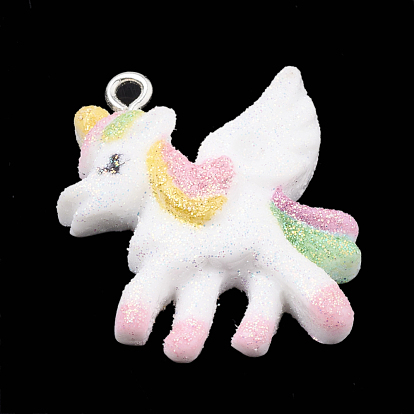 Resin Pendant, with Glitter Powder and Iron Findings, Unicorn