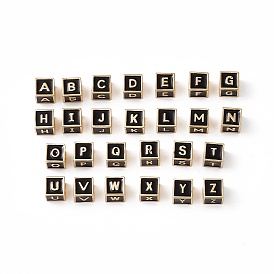 Rack Plating Brass Enamel Beads, Cadmium Free & Nickel Free & Lead Free, Real 18K Gold Plated, Cube with Letter