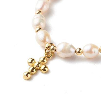 Bracelets réglables en perles de perles naturelles, avec 304 chaînes vénitiennes en acier inoxydable et breloque croix en laiton