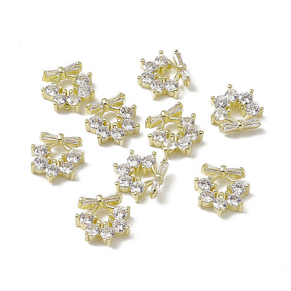 Brass Pave Clear Cubic Zirconia Cabochons, Nail Art Decoration Accessories, with Glass Rhinestone, Wreath
