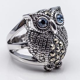 Rhinestone Owl Finger Ring, Alloy Wide Ring for Women