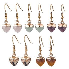 Natural Mixed Gemstone Heart Dangle Earrings, Golden 304 Stainless Steel Earrings