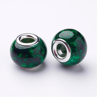 Spray Painted Glass European Beads, with Silver Color Plated Brass Core, Large Hole Beads, Rondelle, 14~15x11mm, Hole: 4.5~5mm