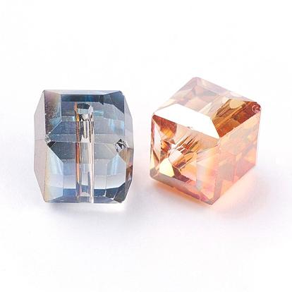 Electorplated Glass Beads, Rainbow Plated, Faceted, Cube, 10~11x10~11x10~11mm, Hole: 1mm