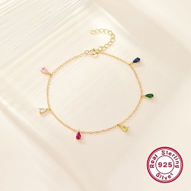Colorful Cubic Zirconia Teardrop Charm Bracelets for Women, 925 Sterling Silver Jewelry