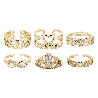 6Pcs 6 Styles Brass Micro Pave Clear Cubic Zirconia Cuff Rings, Open Rings, Long-Lasting Plated, Heart & Hollow Flower & Infinity