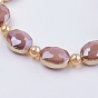 Opaque Glass Beads Strands, with Brass Findings, Pearl Luster Plated, Faceted, Oval