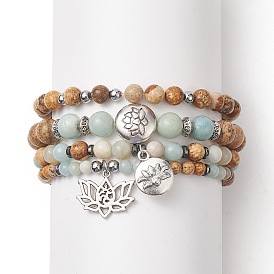 Ensembles de bracelets extensibles perlés d'amazonite et de jaspe de fleurs naturelles avec de l'hématite synthétique non magnétique, bracelets à breloques en alliage de lotus pour femmes
