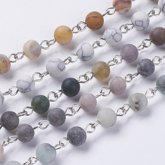 Chaînes de perles de pierres précieuses, non soudée, avec épingle à oeil en fer, ronde, platine