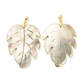Natural Black Lip Shell Pendants, with Golden Plated Brass Findings, Leaf