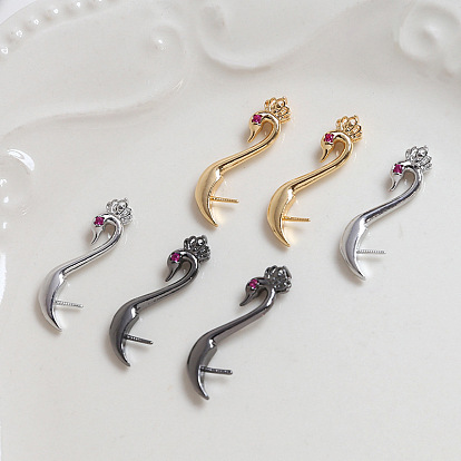Brass Pave Camellia Cubic Zirconia Swan Head Pins, for Half Drilled for Baroque Pearl Making
