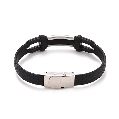 201 bracelet à maillons rectangulaires en acier inoxydable avec cordon en cuir pu pour hommes femmes, noir