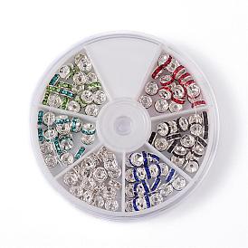 1 Box Mixed Brass Rhinestone Rondelle Spacer Beads, Grade A, Silver Color Plated, 6x3mm, Hole: 1mm, about 120pcs/box