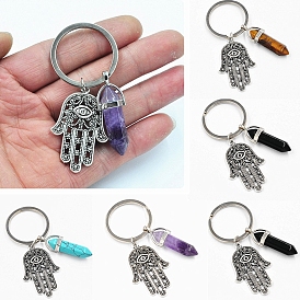 Natural & Synthetic Gemstone Pendant Keychains, with Alloy Pendants and Iron Rings, Bullet Shape with Hamsa Hand