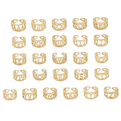 26Pcs 26 Style Vacuum Plating Golden 304 Stainless Steel Letter Open Cuff Rings Set, Alphabet Initial Letter