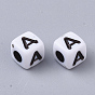 White Opaque Acrylic Beads, Horizontal Hole, Cube with Black Alphabet