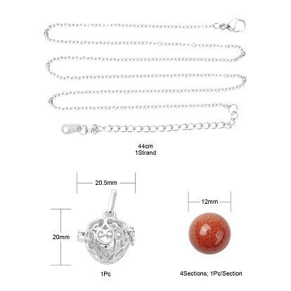 DIY Pendant Necklace Making Kits, Including 7Pcs No Hole Round Natural Mixed Gemstone Beads, 1Pc Brass Hollow Heart Cage Pendants, 1Pc 304 Stainless Steel Necklaces
