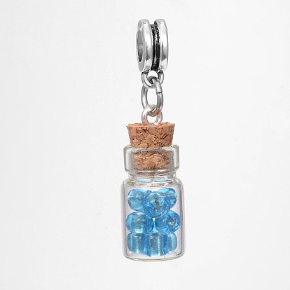 Bouteille en verre avec perles de rocaille en verre breloques européennes, avec les accessoires en alliage de ton d'argent antique, Pendentifs grand trou, 35mm, Trou: 5mm