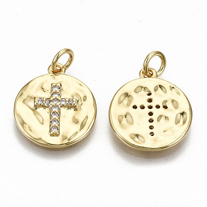 Hammered Brass Micro Pave Clear Cubic Zirconia Pendants, with Jump Rings, Nickel Free, Flat Round with Cross