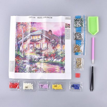 5D DIY Diamond Painting Kits For Kids, with Diamond Painting Cloth, Resin Rhinestones, Diamond Sticky Pen, Tweezers, Tray Plate and Glue Clay, Forest Cabin Pattern