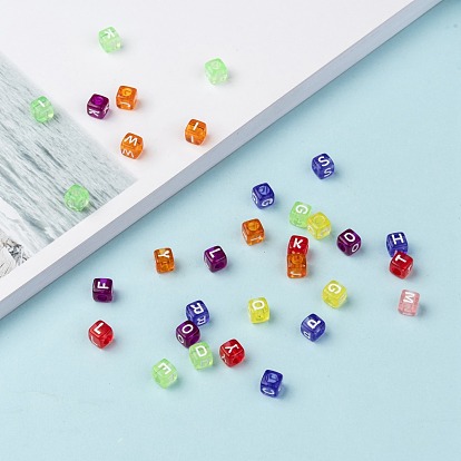 Perles européennes acryliques transparentes à grand trou, trou horizontal, cube avec la lettre